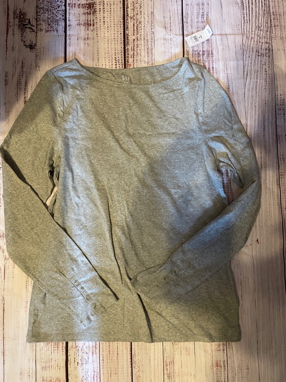 GAP Long Sleeve Boatneck Tee in Heather Gray buttons on sleeves